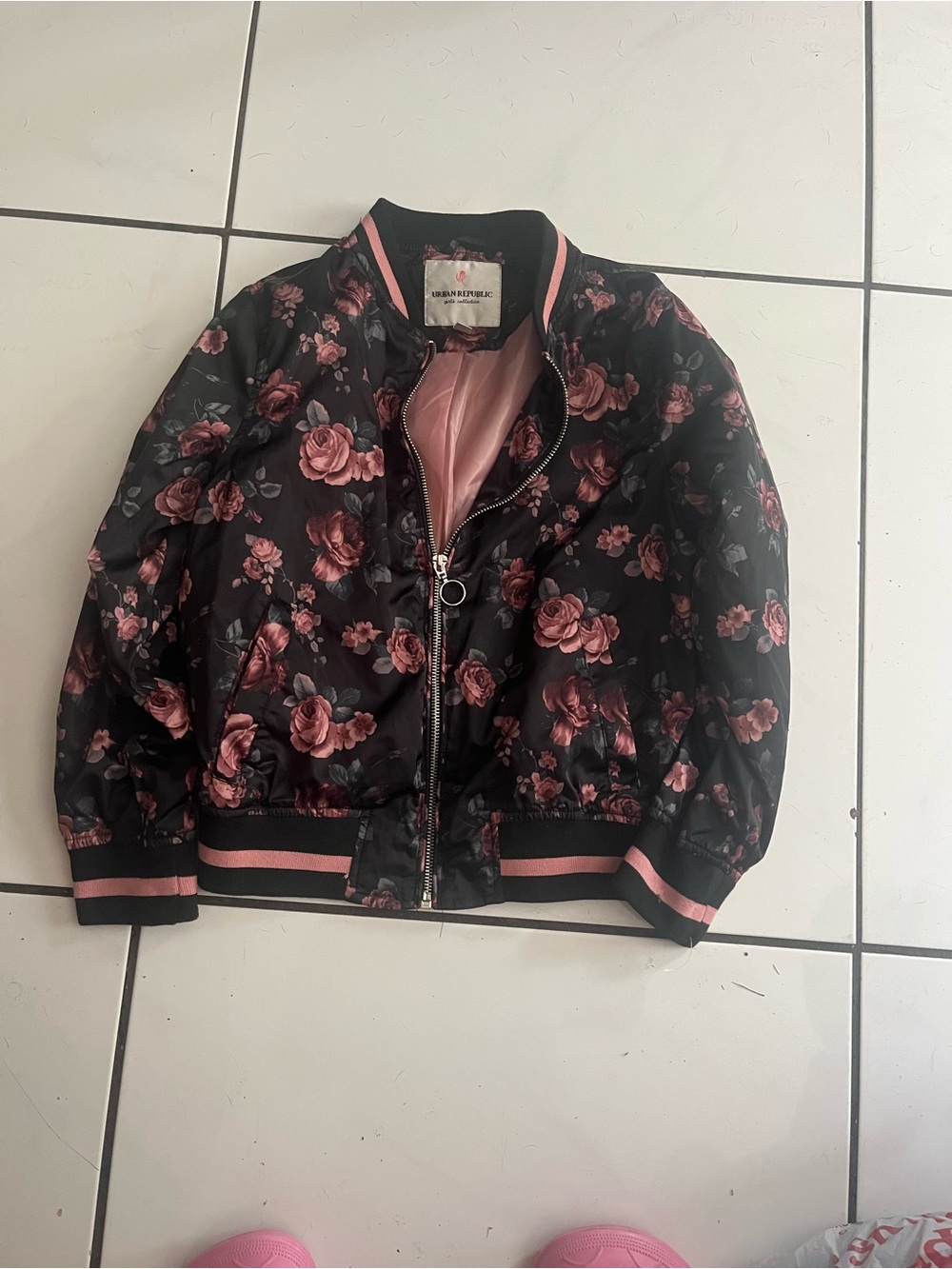 Urban Republic Black Bomber Jacket with Pink Rose Print